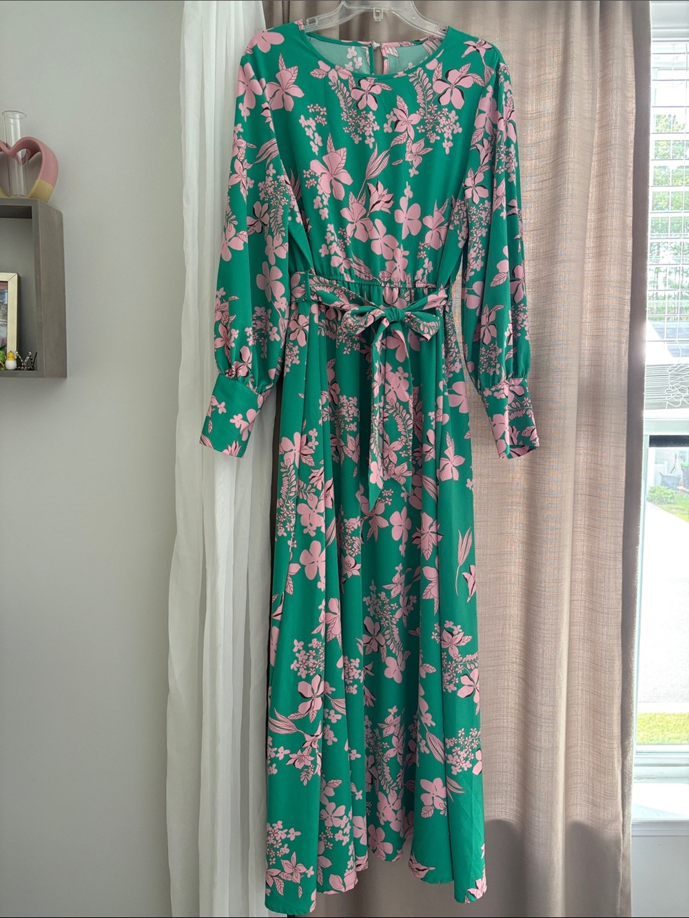 Green Floral Long Sleeve Maxi Dress with Pink Blooms Size XL